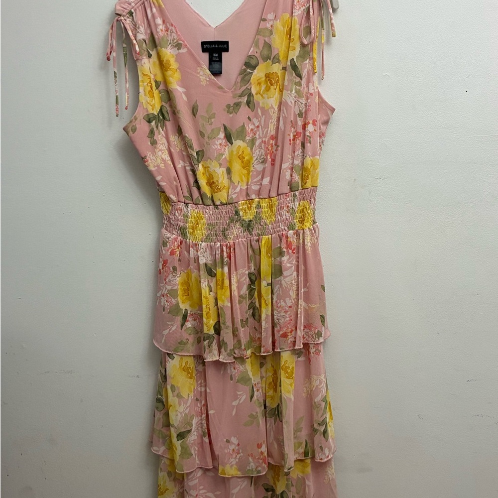 STELLA AND JULIE Pink and Yellow Ruffled Wrap Midi Dress
